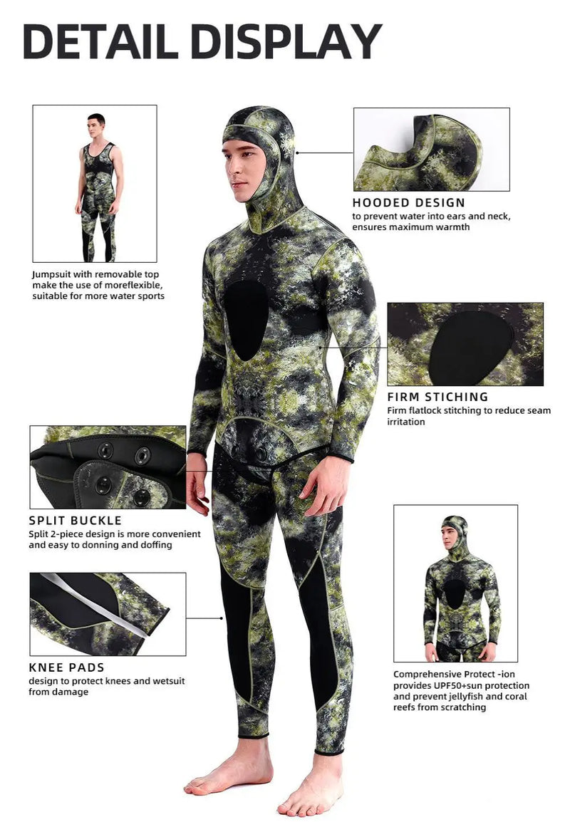 Roupa de mergulho camuflada HOT 3mm, roupa de pesca submarina, mergulho, manga comprida, fissão de neoprene, submersível, para homens, manter aquecido, tops e calças
