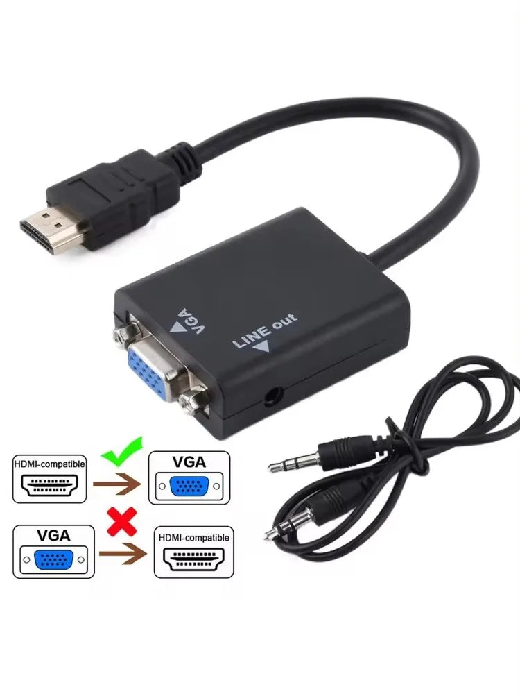 Conversor HD VGA para Hdmi, com cabo de áudio de 3,5 mm Vga para adaptador Hgmi, conversor de vídeo HDTV e áudio