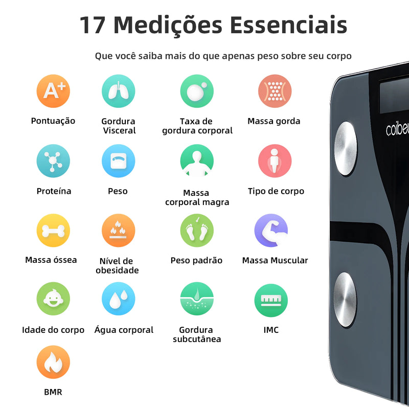 Tuya, Balança Corporal de Bioimpedância Digital Inteligente com 17 Medidas Essenciais, LCD Grande, Até 180 kg, Coibeu