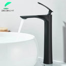 SHBSHAIMY Torneira de pia de banheiro quadrada moderna com núcleo de latão, torneira de água quente e fria, modelo alto/baixo, dourada, montada no deck