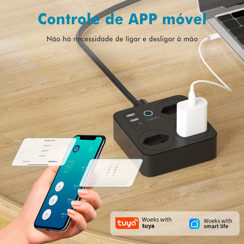 Filtro de Linha Inteligente Com WiFi, 3 Tomada, 2 Entradas USB, 1 Entrada Tipo C e 1 Botão Liga Desliga Geral