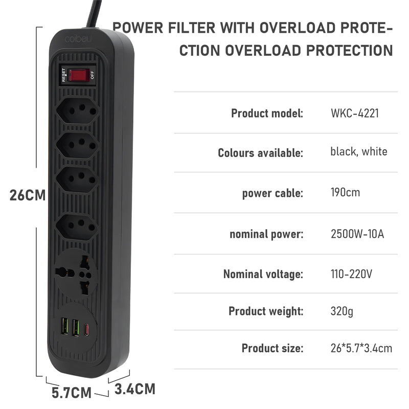 Filtro de Linha extensão com Tomada, universal, USB e Tipo C