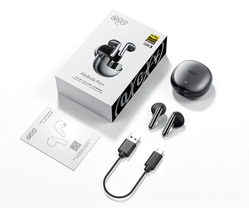 Fones de ouvido sem fio QCY HT10 AilyBuds Pro+ com cancelamento de ruído ativo (ANC), áudio de alta resolução com LDAC, Bluetooth 5.3, 6 microfones, IA para chamadas em HD e conexão multiponto.