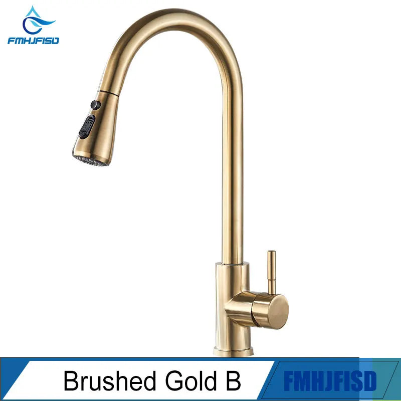 Torneira de cozinha FMHJFISD, torneira de cozinha dourada escovada, torneira de água retrátil, misturadora de alça única, rotação de 360 graus, torneira de chuveiro de cozinha
