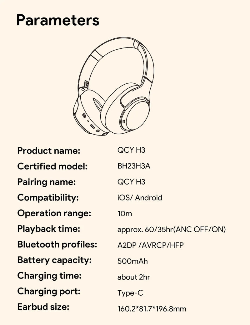 Fones de ouvido sem fio QCY H3 ANC Bluetooth 5.4 com áudio de alta resolução e cancelamento de ruído ativo híbrido de 43 dB 60H