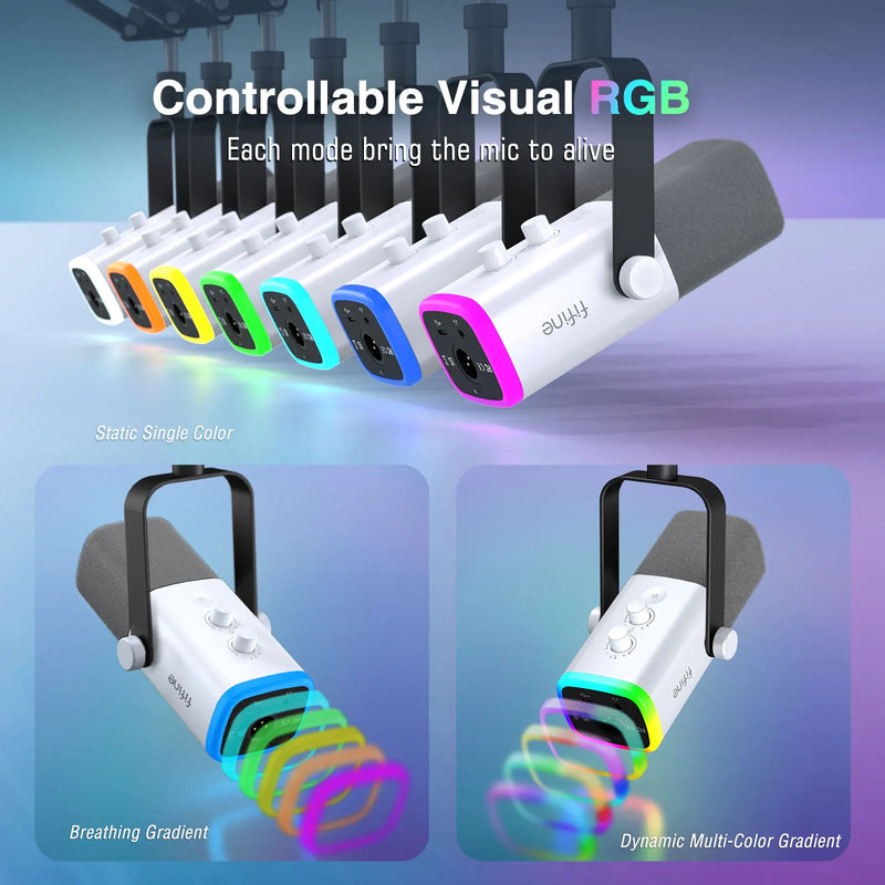 Kit de microfone gamer FIFINE USB/XLR com entrada para fone de ouvido/RGB/braço de braço, conjunto de microfone dinâmico para PC PS5/4 Mixer AmpliGame Branco-AM8TW