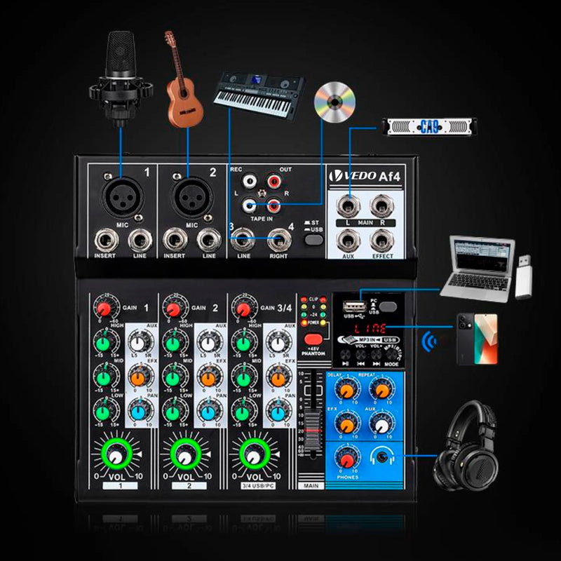 Mixer analógico VEDO AF4, placa de som digital mesclada, 4 canais, configurações de função personalizadas, console de mixagem analógico para transmissão ao vivo
