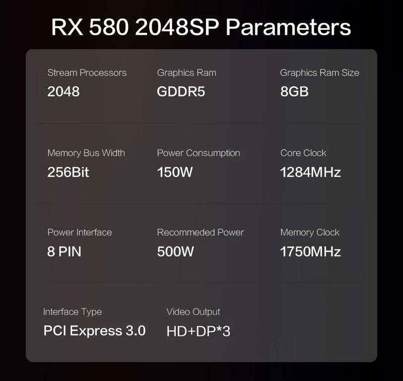 Placa de vídeo AMD Radeon RX 580 8GB GDDR5 256-bit 2048SP PCIe 3.0 x16 para desktops, modelo MLLSE. Processador de 14 nm para jogos.