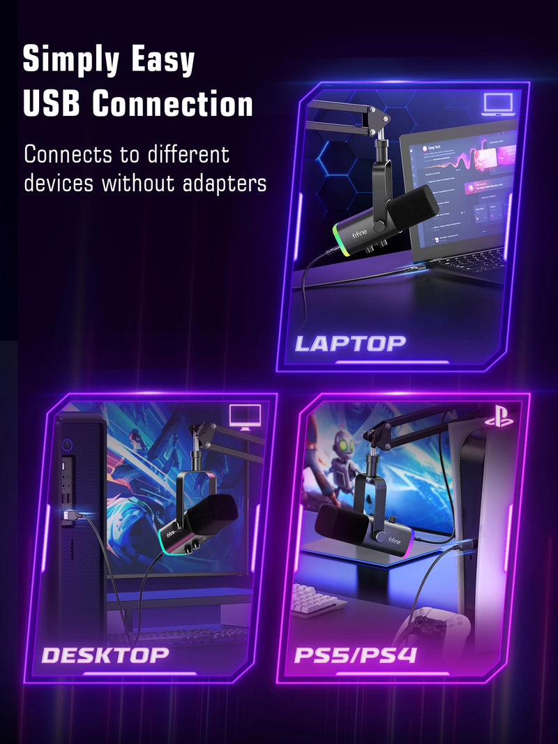 Kit de microfone dinâmico XLR FIFINE com braço articulado para mixer, conjunto de microfone USB para jogos com RGB, controle de volume para PC PS5/4 AmpliGame AM8T