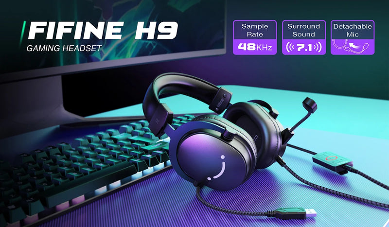 Fone de ouvido FIFINE, fone de ouvido USB com conector de 3,5 mm e som surround 7.1, controle de volume e botão de mudo para PC/MAC/PS4/PS5 Mixer-H9