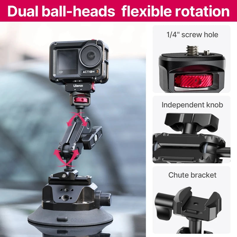 Ulanzi Car Phone Action Camera Holder Hand Pump Suction Cup 360° Adjustable 1/4" 3/8" For GoPro Insta360 DJI Action Smart Phone