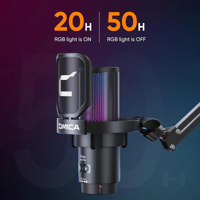 Microfone para jogos USB Comica Uni Pro com botão de cancelamento de ruído/RGB/balanço de ganho e microfone condensador para streaming de podcast