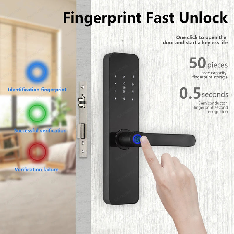 Fechadura elétrica de porta com impressão digital Bluetooth RAYKUBE F7 TT, versão com voz em português/inglês e alça maior