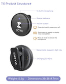 Microfone de lapela sem fio BOYA Omic D/U para iPhone, iPad, Android, smartphone com entrada Type-C, ideal para gravações ao vivo no YouTube, entrevistas e vlogs.