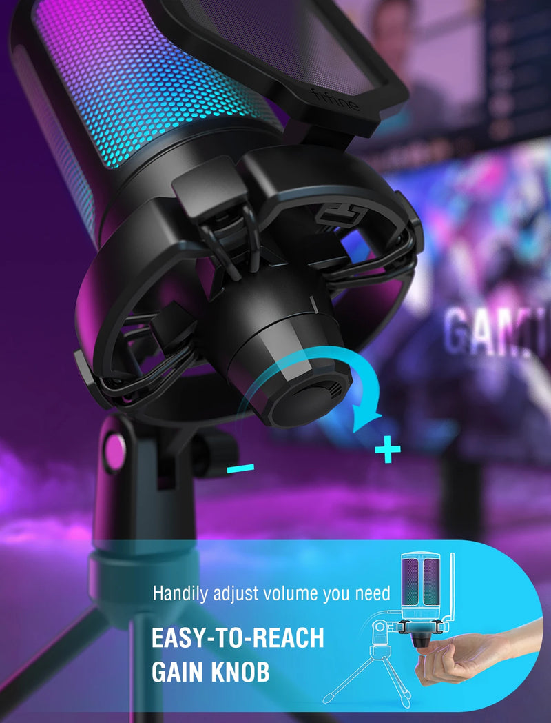 Microfone USB FIFINE Ampligame para streaming de jogos com filtro pop, montagem antichoque e controle de ganho, multicompatível, para PC/PS4/5 - A6V