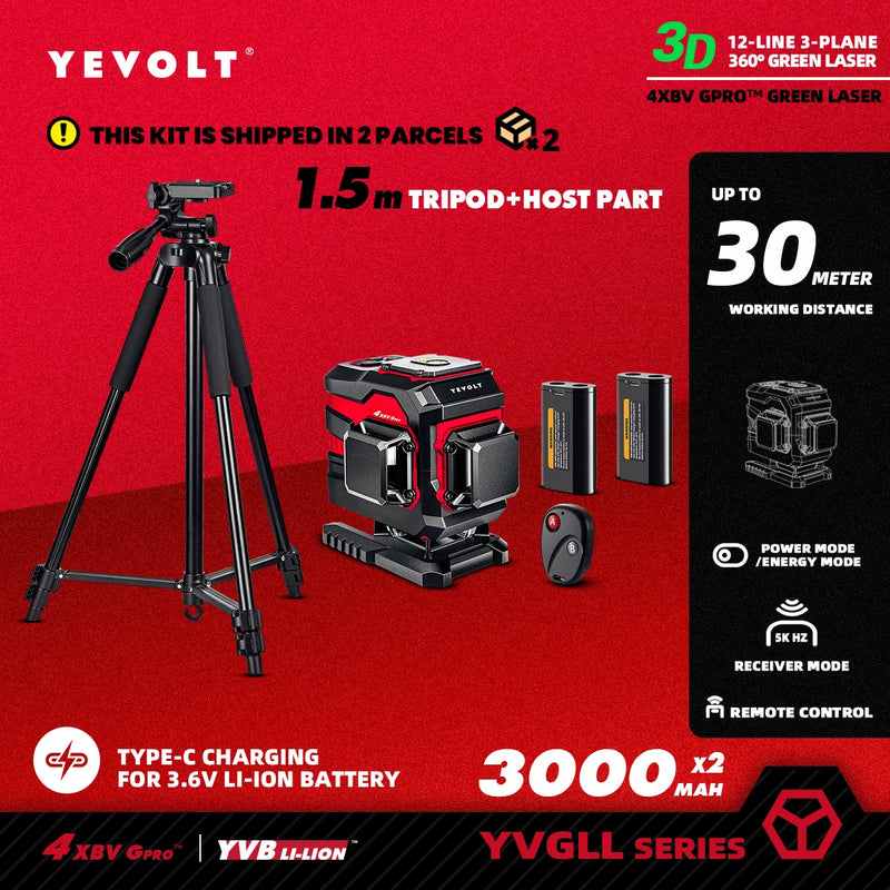Nível a laser verde série YEVOLT YVGLL4XS, 3/4 planos, 12/16 linhas, autonivelante, 360 graus, 3D/4D, horizontal e vertical, 3,6 V, 3 Ah, ferramentas elétricas