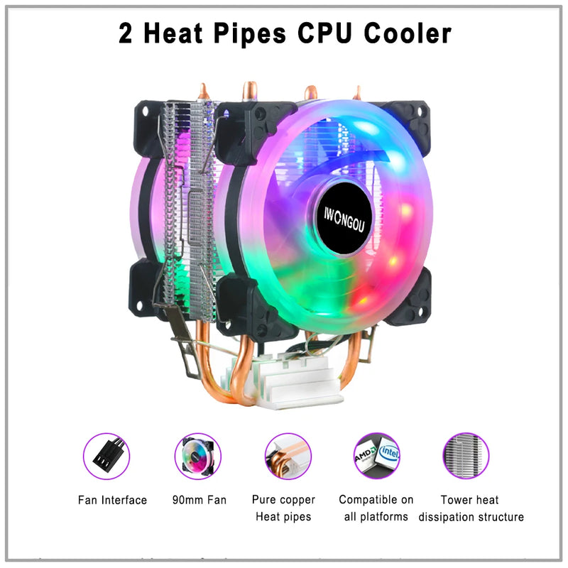 Cooler de processador x99 para LGA 2011 RGB Ventilador IWONGOU 2 Heatpipes CPU Radiator PWM 3Pin Fans para Intel 1366/1700/AM4/AMD