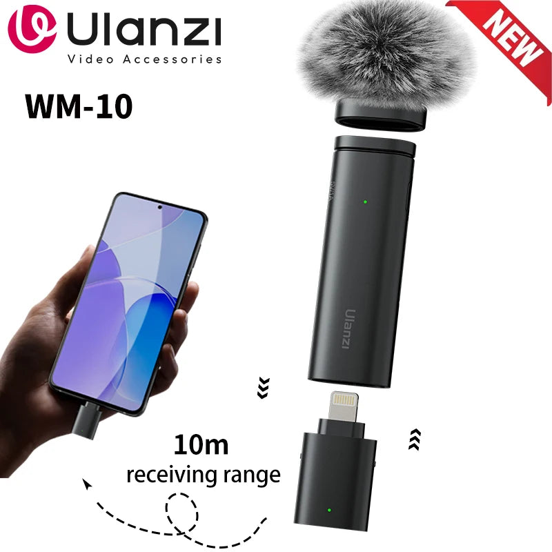 Microfone de lapela sem fio Ulanzi WM-10 1 para 1 USB C para Android e iPhone com esponja à prova de vento para gravação de transmissão ao vivo