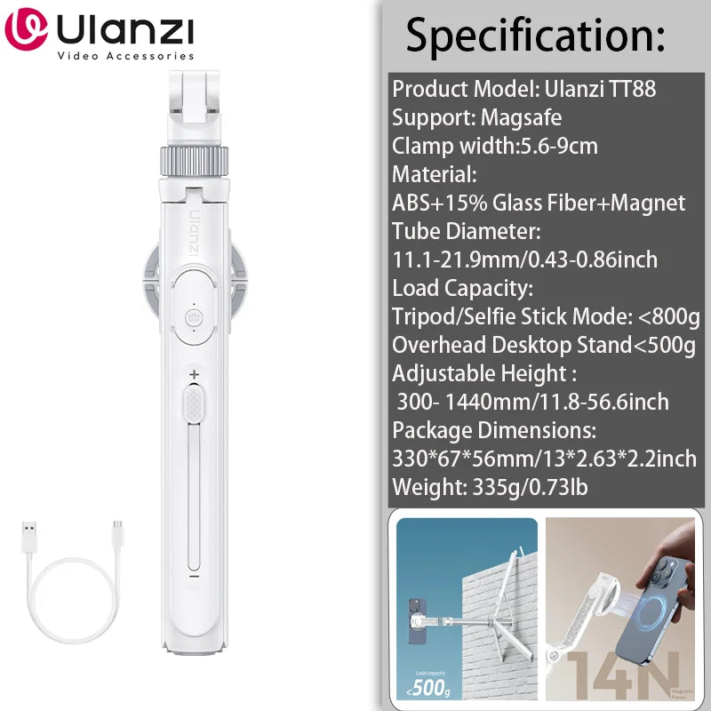 Tripé para celular Ulanzi TT88 de 1,44 m com braçadeira magnética e extensão remota sem fio para transmissão ao vivo e vlog