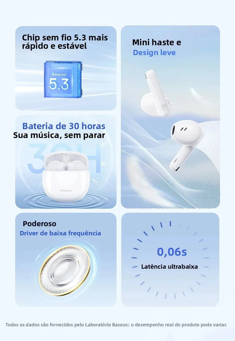 Fone De Ouvido Bluetooth 5.3 Baseus Bowie E13 Som Imersivel Recarregável Latencia Zero