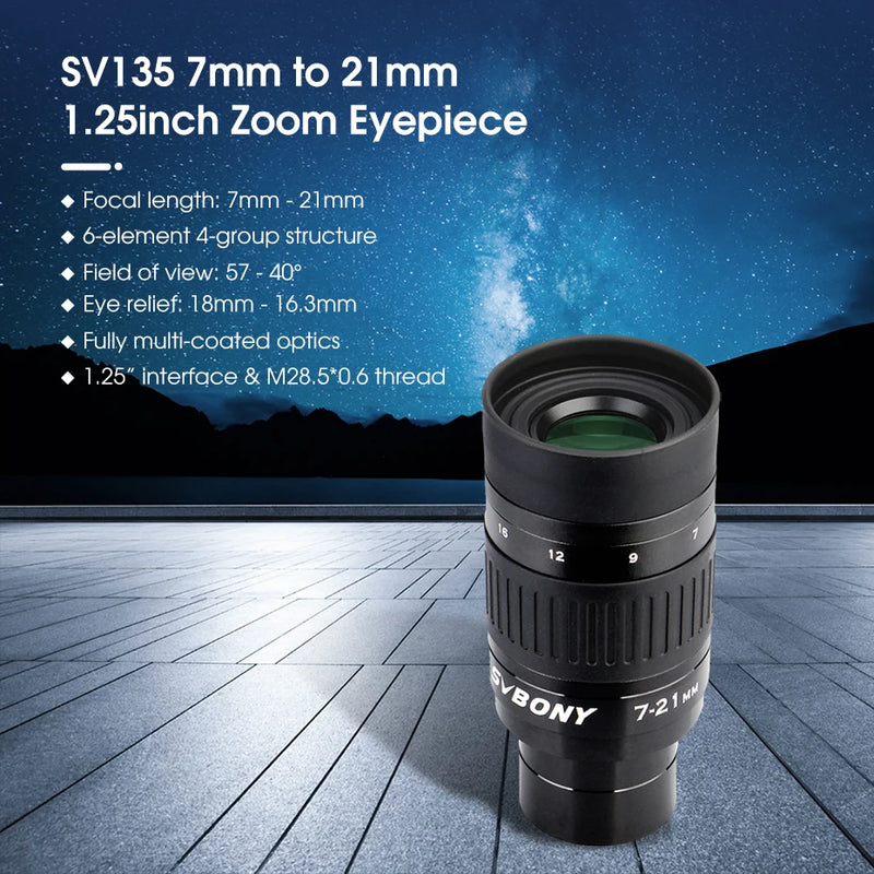 Ocular Svbony SV135 com zoom de 1,25" de 7 mm a 21 mm, design óptico totalmente multirrevestido, para usuários de óculos