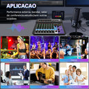 Mesa de mistura portátil profissional de 8 canais com entrada para computador e alimentação de 48V. Equipamento de áudio para transmissão ao vivo.