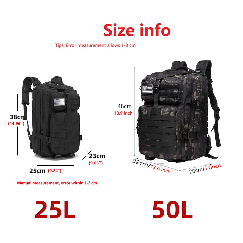 Mochila esportiva tática impermeável de nylon resistente de 25L/50L para trilhas, pesca, caça, acampamento e caminhadas