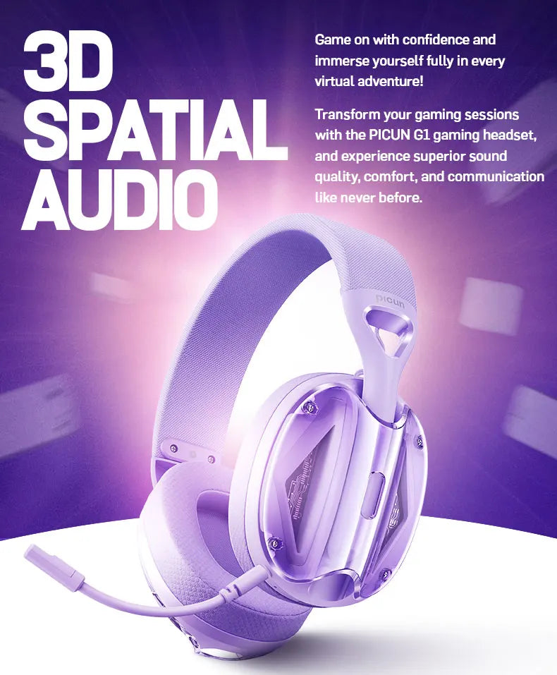 Fone de ouvido sem fio para jogos Picun G1 2,4 GHz, som surround 3D, áudio espacial, microfone ENC HD, fones de ouvido leves para jogadores, PS5, PC e telefone