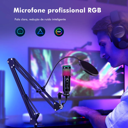 Microfone RGB de Braço Articulado, Condensador, de Mesa para PC Gamer, Coibeu
