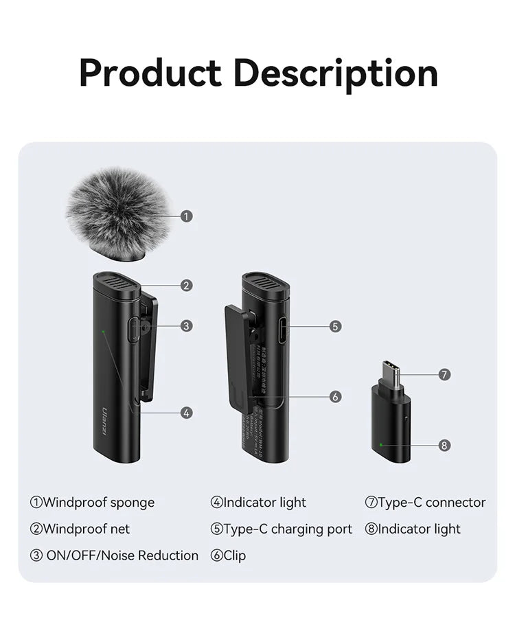 Microfone de lapela sem fio Ulanzi WM-10 1 para 1 USB C para Android e iPhone com esponja à prova de vento para gravação de transmissão ao vivo