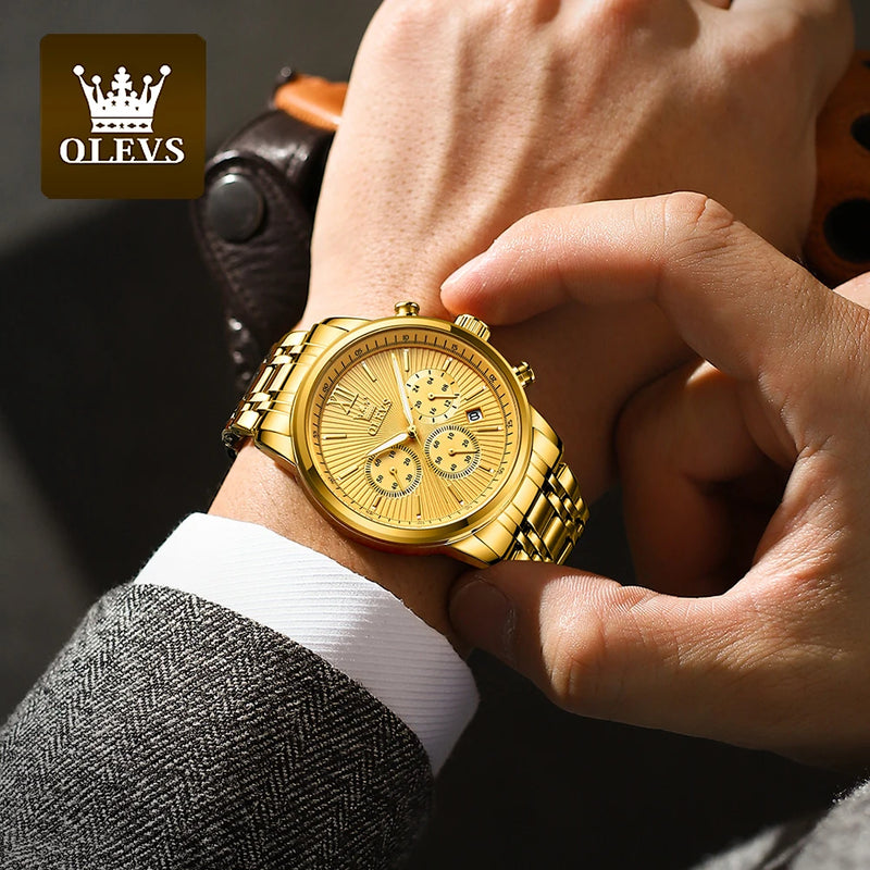 Relógios Masculinos OLEVS de Luxo Dourados em Aço Inoxidável à Prova D'água, Cronógrafo Luminoso com Data e Display de 24 horas