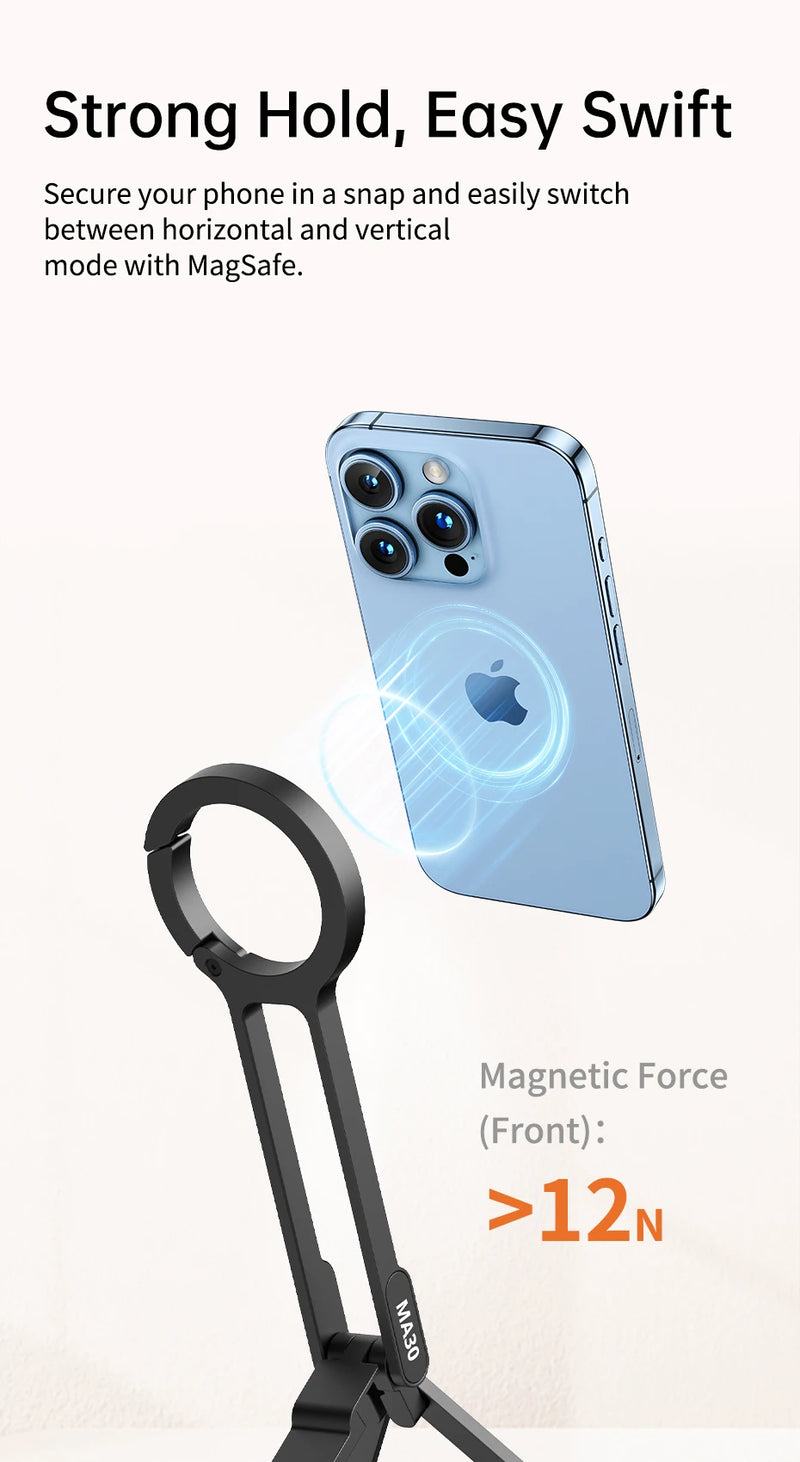 Ulanzi MA30 Tripé para celular com mosquetão, suporte magnético de dupla face para vídeo, luz, vlog, transmissão ao vivo, viagens ao ar livre