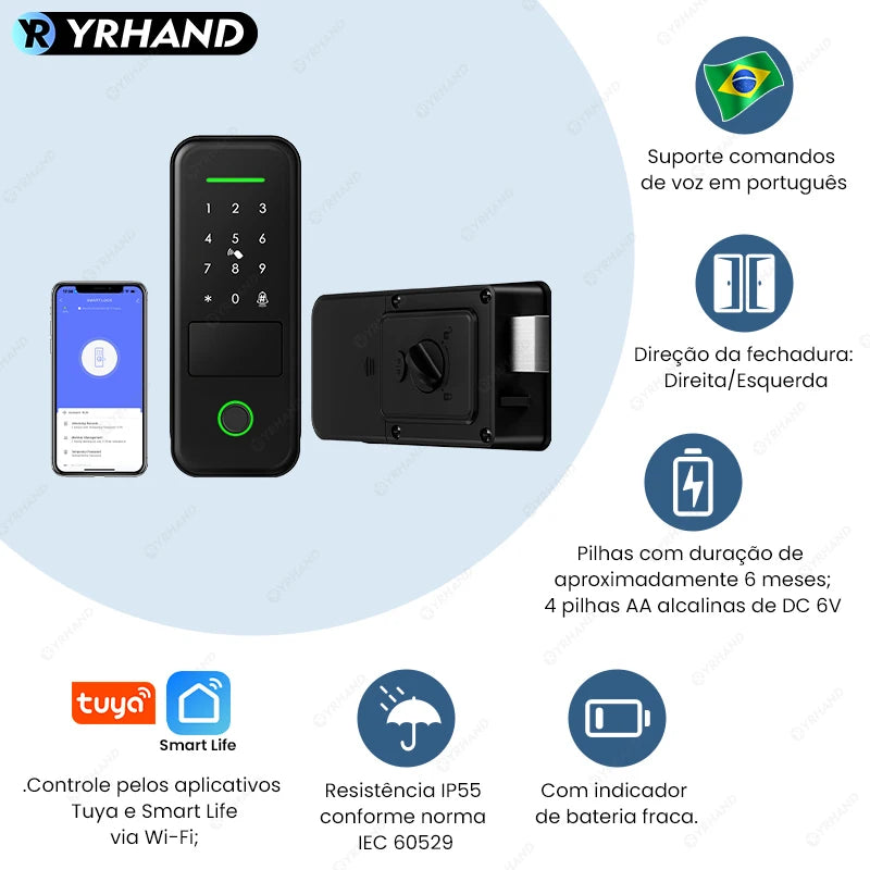 Fechadura eletrônica inteligente à prova d'água com impressão digital e Wi-Fi para porta, fechadura digital do Brasil, fechadura inteligente de aro para casa Tuya