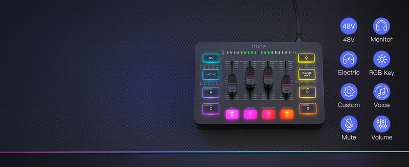 Mixer para jogos USB FIFINE com interface de microfone XLR, alimentação fantasma de 48 V, RGB, placa de som para podcast e streaming AmpliGame SC3