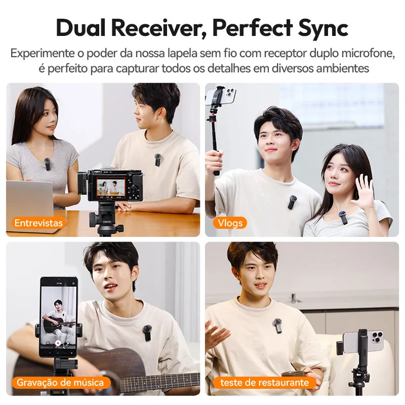 Microfone Ulanzi A100 para Smartphones, Microfone de Lapela Sem Fio para iPhone 16, 15, 12, Xiaomi, Samsung, Dji Action 5, 4, 3, 2, OSMO Pocket 3, SONY