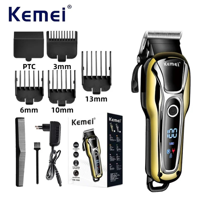 Maquina de Cortar Cabelo Elétrico Profissional Kemei KM-1990 com Display LED