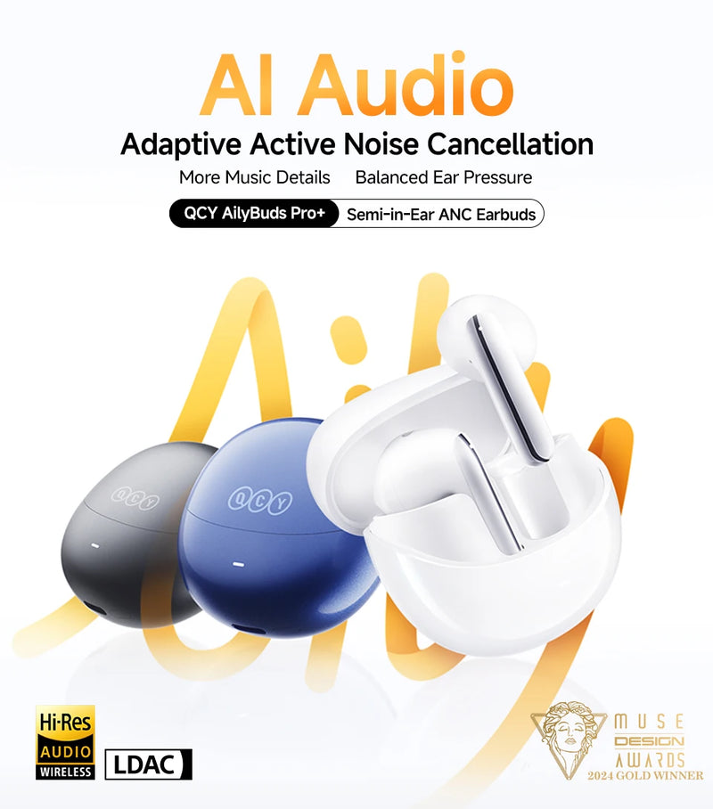 Fones de ouvido sem fio QCY HT10 AilyBuds Pro+ com cancelamento de ruído ativo (ANC), áudio de alta resolução com LDAC, Bluetooth 5.3, 6 microfones, IA para chamadas em HD e conexão multiponto.