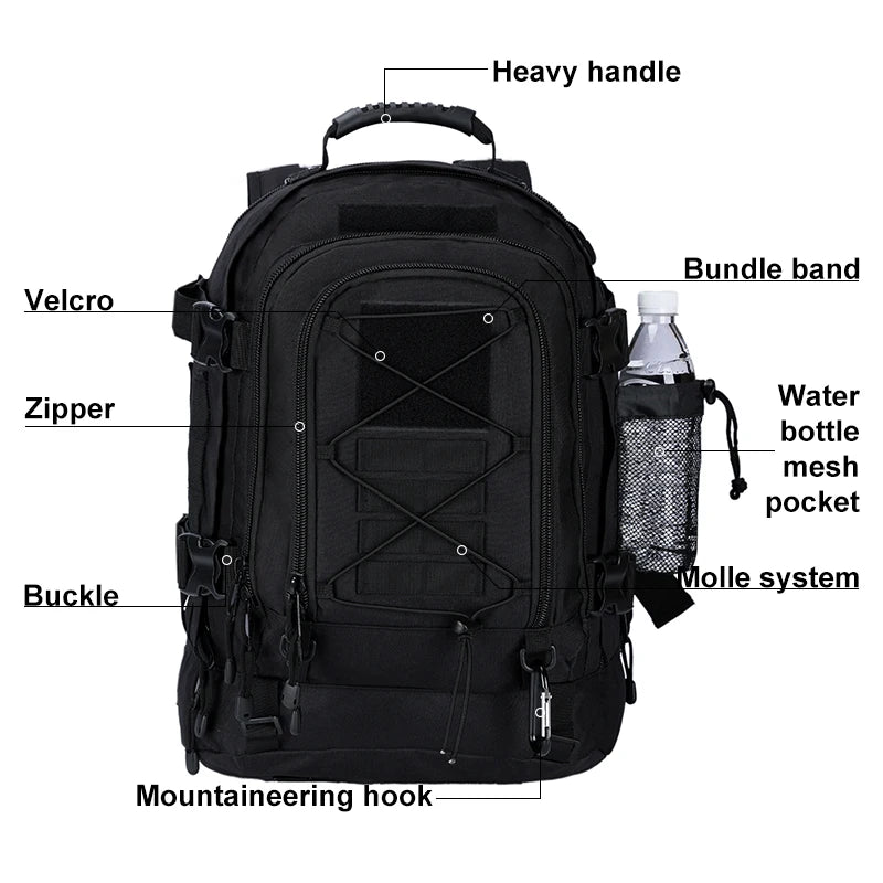Mochila tática militar de grande capacidade de 40L e 65L para atividades ao ar livre, viagens, caminhadas, acampamentos, pesca, ferramentas, mochila para homens e mulheres