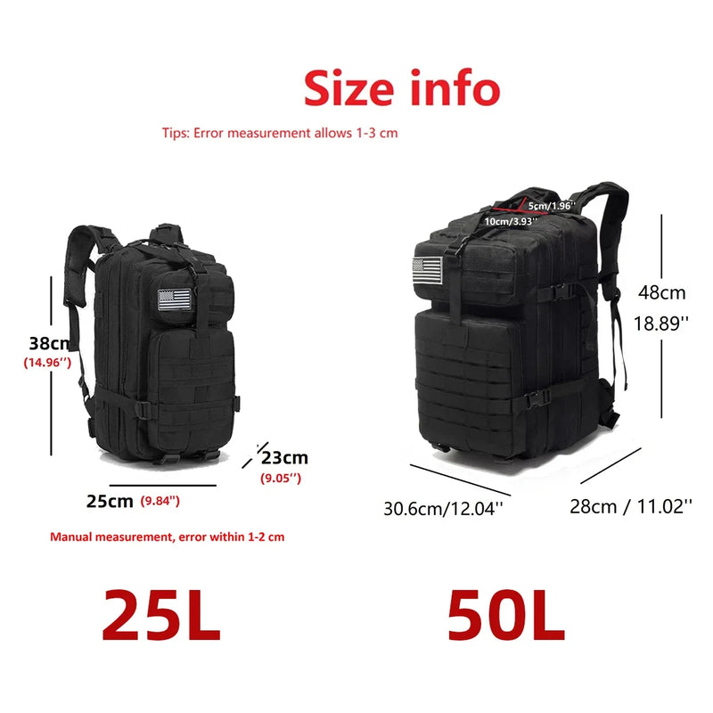 Mochila impermeável de nylon 1000D 25L/50L para caminhadas, pesca e caça, para atividades ao ar livre, esportes táticos, acampamento e caminhada