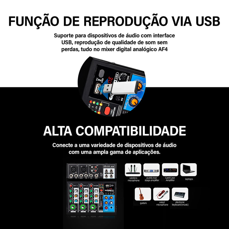 Mixer analógico VEDO AF4, placa de som digital mesclada, 4 canais, configurações de função personalizadas, console de mixagem analógico para transmissão ao vivo