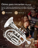 Trompete de bolso em miniatura em Si bemol, instrumento de sopro de metal, com bocal, luvas, pano de limpeza e estojo de transporte.