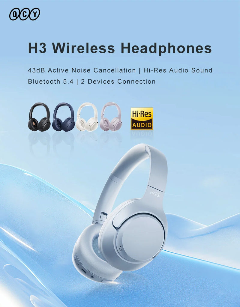 Fones de ouvido sem fio QCY H3 ANC Bluetooth 5.4 com áudio de alta resolução e cancelamento de ruído ativo híbrido de 43 dB 60H