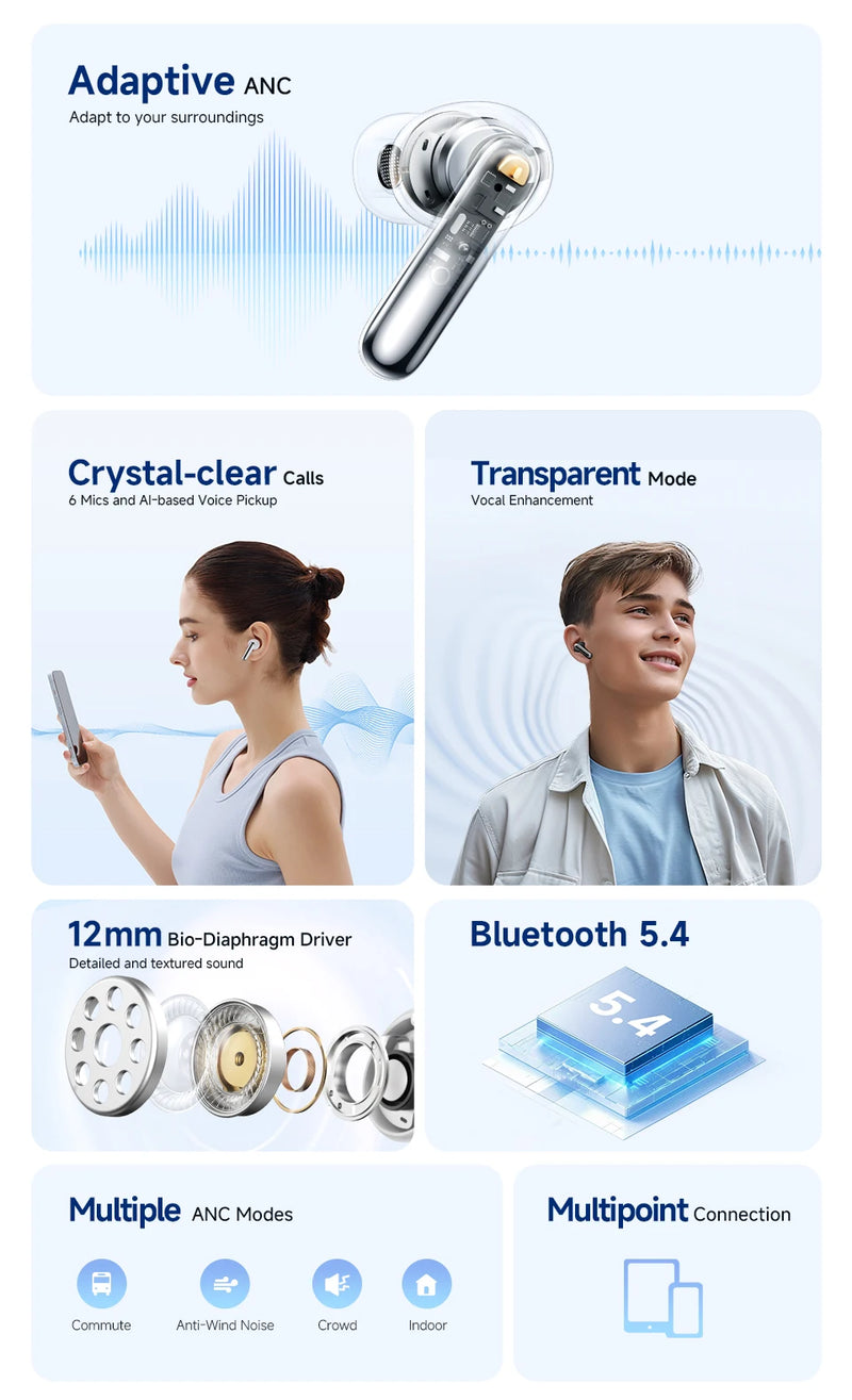 Fones de ouvido sem fio QCY Melobuds N50 ANC Bluetooth 5.4 com cancelamento de ruído ativo, 6 microfones, conexão multiponto para chamadas nítidas