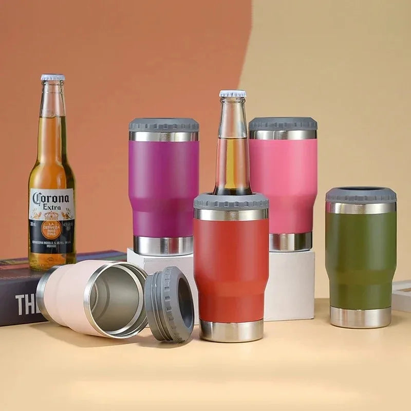 Copo Térmico 400ml ou suporte para cerveja de lata ou garrafa em aço inoxidável - 5x1 (Copo térmico / Latinha 350ml / Lata Alta 400mL / Barrigudinha / Long Neck e Com Abridor de Garrafa)