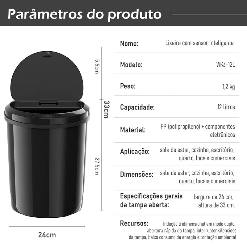 Lixeira de reciclagem inteligente com sensor automático à prova d'água disponível para cozinha e banheiro