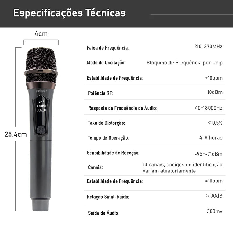 Kit 2 microfones profissional, sem fio portátil, display LED, UHF duplo, redução de ruído, sinal estável