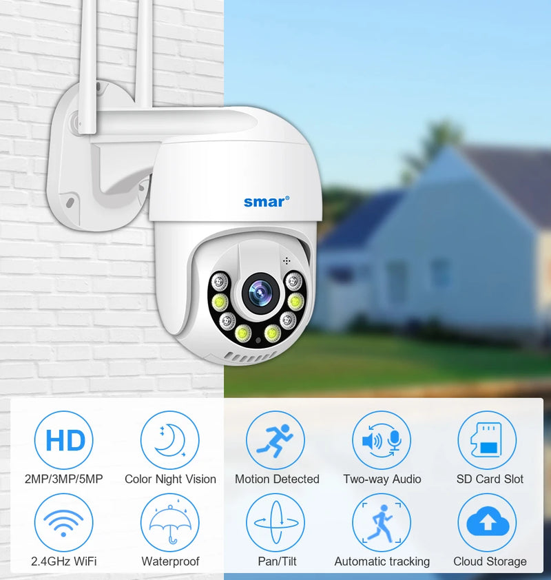Câmera Smart 3MP 5MP PTZ WiFi externa com rastreamento automático, detecção humana por IA, visão noturna em cores, áudio bidirecional, câmera IP ICsee APP