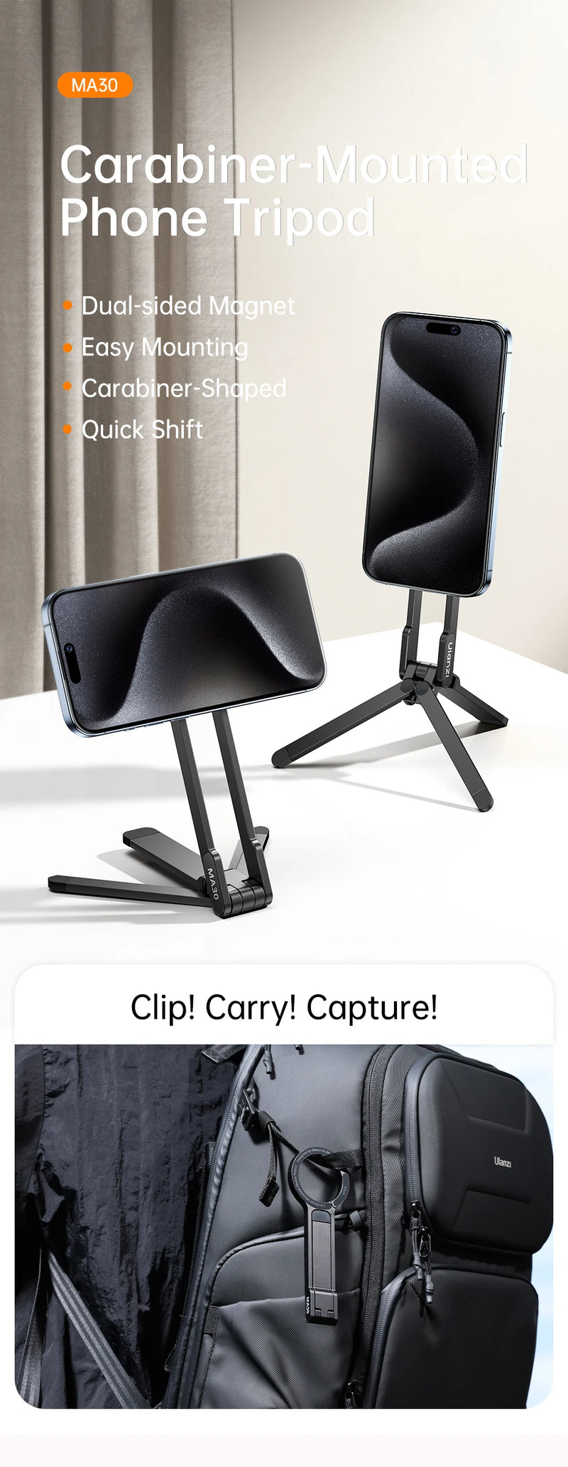 Ulanzi MA30 Tripé para celular com mosquetão, suporte magnético de dupla face para vídeo, luz, vlog, transmissão ao vivo, viagens ao ar livre