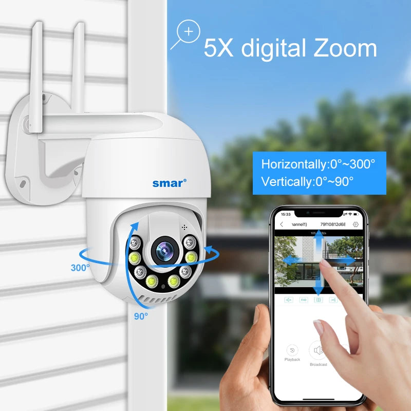 Câmera Smart 3MP 5MP PTZ WiFi externa com rastreamento automático, detecção humana por IA, visão noturna em cores, áudio bidirecional, câmera IP ICsee APP