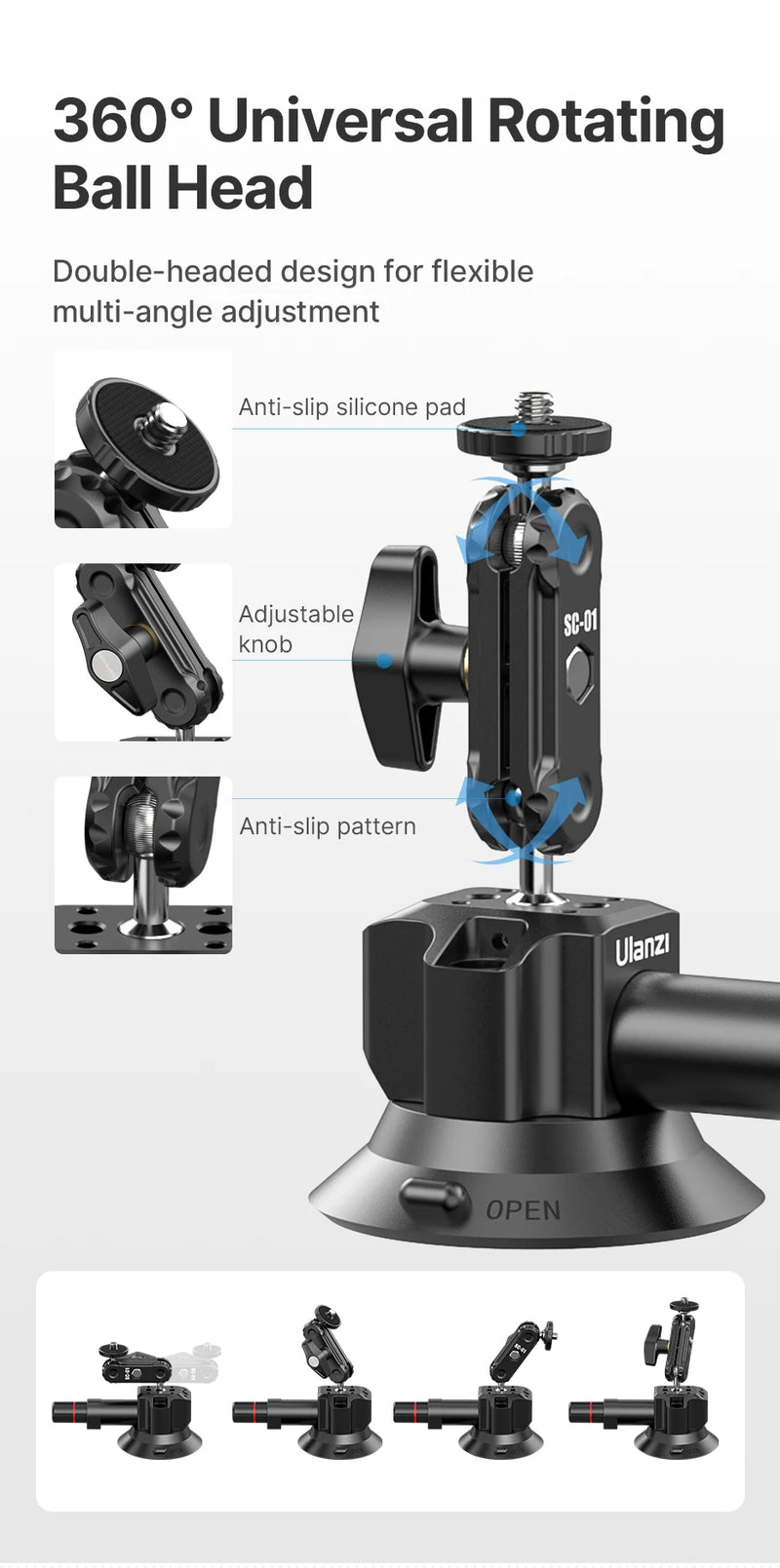 Ulanzi Car Phone Action Camera Holder Hand Pump Suction Cup 360° Adjustable 1/4" for GoPro for Insta360 DJI Action Smart Phone